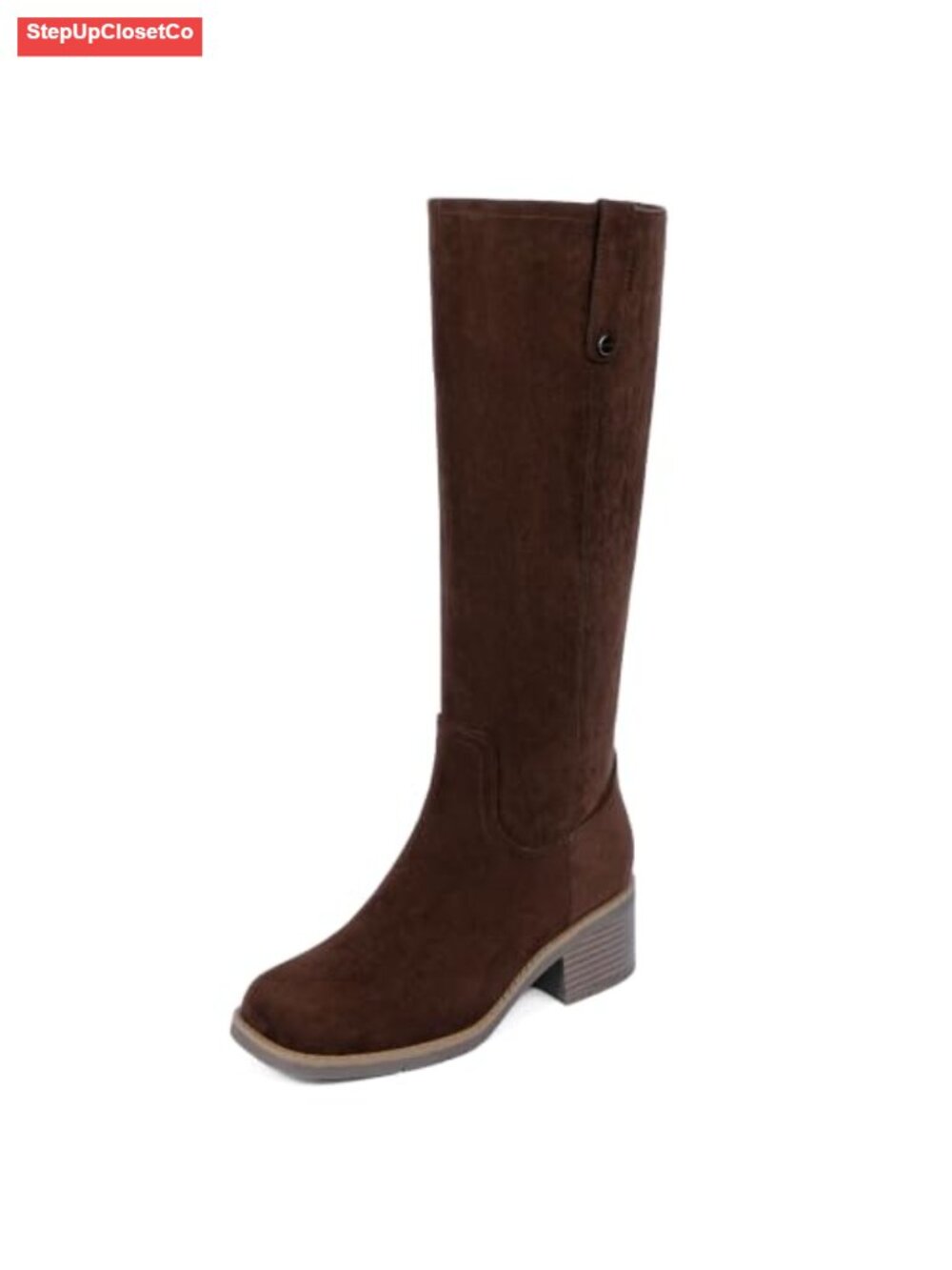 Square Toe Chunky Heel Knee High Riding Boots Faux Leather Pull Tab